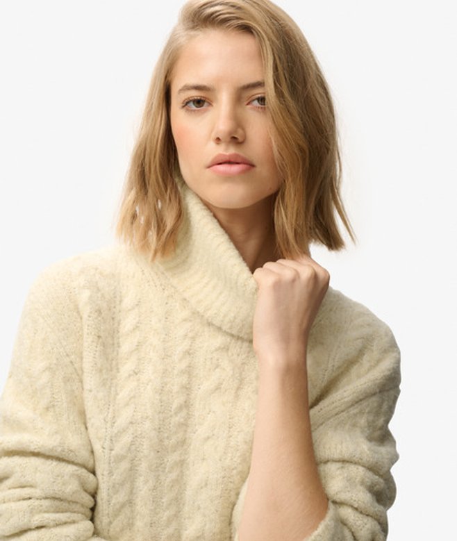 Superdry Damen Strickpullover mit Rollkragen und Zopfmuster Cream - Größe: 34 von Superdry