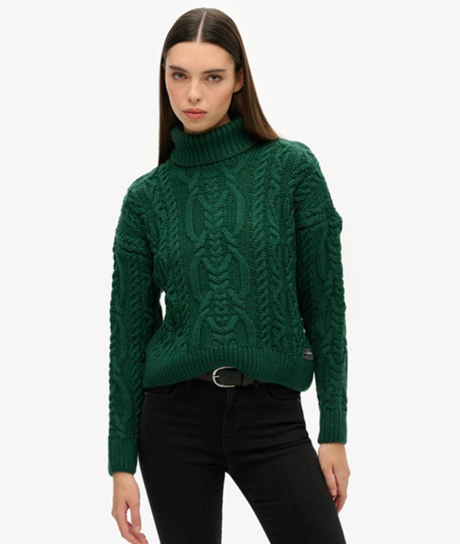 Superdry Damen Strickpullover mit Zopfmuster und Rollkragen Grün - Größe: 36 von Superdry