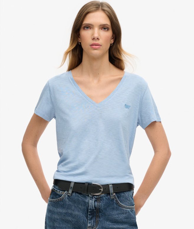 Superdry Damen Strukturiertes T-shirt mit V-ausschnitt und Stickerei Blau - Größe: 42 von Superdry
