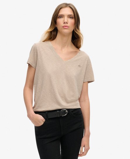 Superdry Women's Strukturiertes T-Shirt mit V-Ausschnitt und Stickerei Braun - Größe: 36 von Superdry