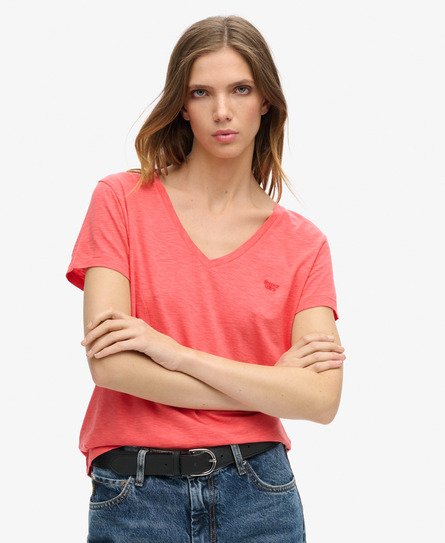 Superdry Damen Strukturiertes T-Shirt mit V-Ausschnitt und Stickerei Koralle - Größe: 40 von Superdry