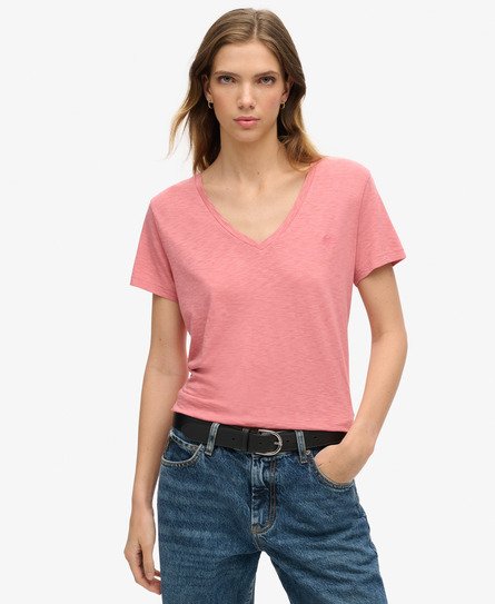 Superdry Women's Strukturiertes T-Shirt mit V-Ausschnitt und Stickerei Pink - Größe: 38 von Superdry