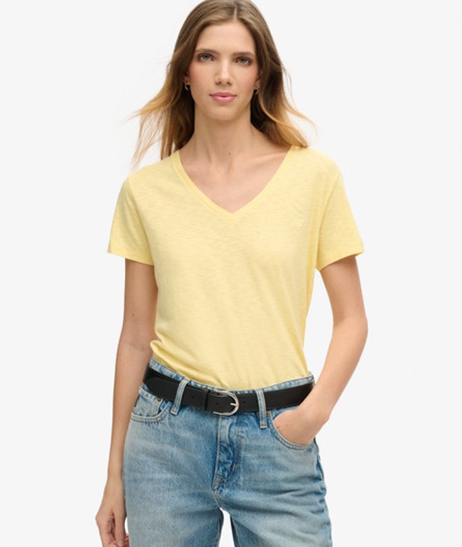 Superdry Damen Strukturiertes T-shirt mit V-ausschnitt und Stickerei Gelb - Größe: 38 von Superdry