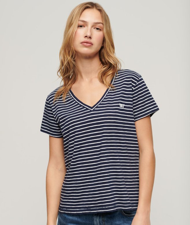 Superdry Damen Strukturiertes T-shirt mit V-ausschnitt und Stickerei Marineblau - Größe: 36 von Superdry