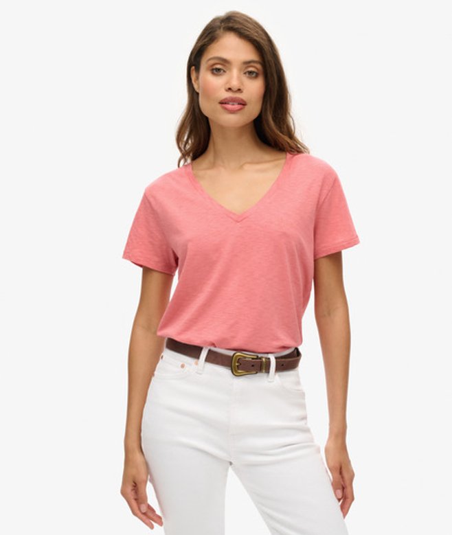 Superdry Damen Strukturiertes T-shirt mit V-ausschnitt und Stickerei Pink - Größe: 40 von Superdry