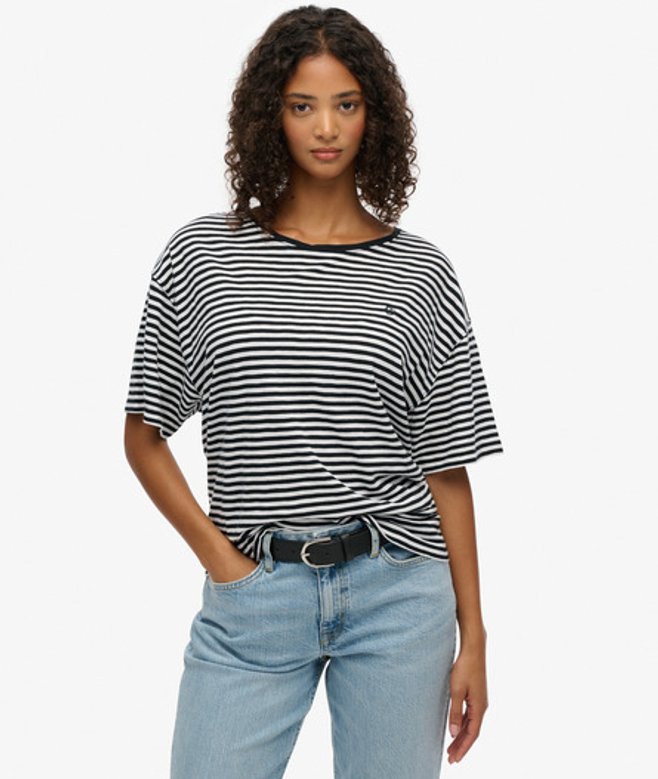 Superdry Damen Studio T-shirt mit überschnittenen Schultern Black - Größe: 44 von Superdry