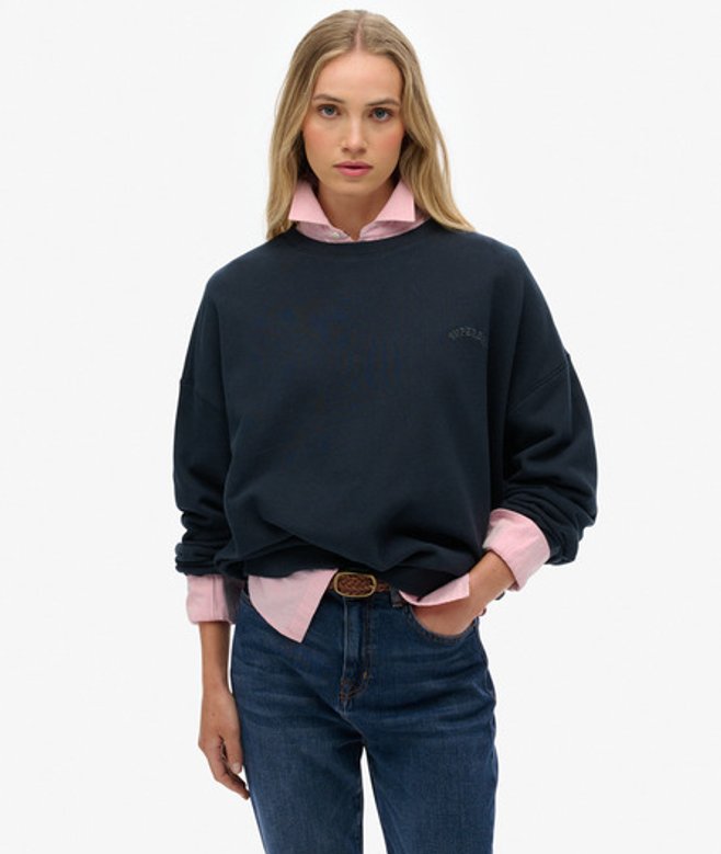 Superdry Damen Stückgefärbtes Essential Sweatshirt mit Logo und Rundhalsausschnitt Navy - Größe: 38 von Superdry