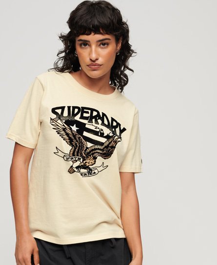 Superdry Damen T-Shirt im 70er-Jahre-Stil mit Lo-Fi-Grafikband Beige - Größe: 34 von Superdry