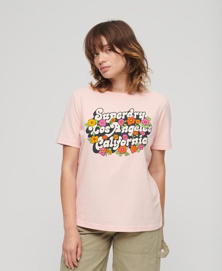 Superdry Women's T-Shirt im Stil der 70er mit Logoschriftzug und Floralem Design Pink - Größe: 36 von Superdry