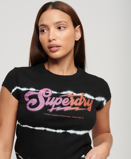 Superdry Damen Schwarz, Rosa und Weiß T-Shirt mit Rockband-Grafik, Größe: 36 von Superdry