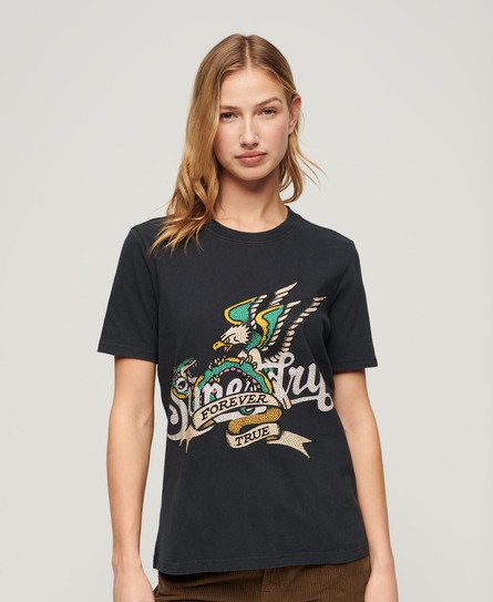 Superdry Damen Dunkelgrau und Braun T-Shirt mit Tattoo-Schriftzug Grafik, Größe: 36 - Größe: 36 von Superdry