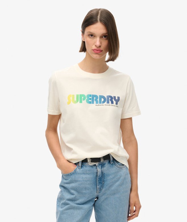 Superdry Damen T-shirt in Lässiger Passform mit Regenbogen-logo Creme - Größe: 34 von Superdry