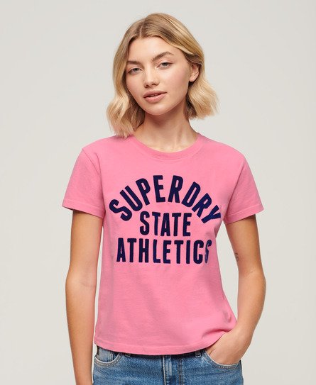 Superdry Damen Tailliertes, Beflocktes Varsity T-Shirt Pink - Größe: 38 von Superdry