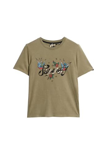 Superdry Damen Tattoo Script Graphic T-Shirt, Moos Khaki, 36 von Superdry