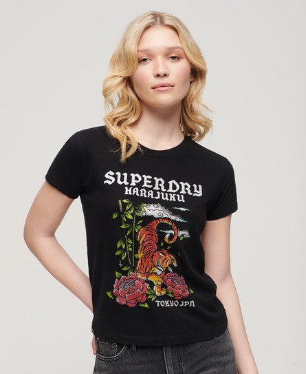 Superdry Damen Tattoo T-Shirt mit Strassbesatz Schwarz - Größe: 36 von Superdry