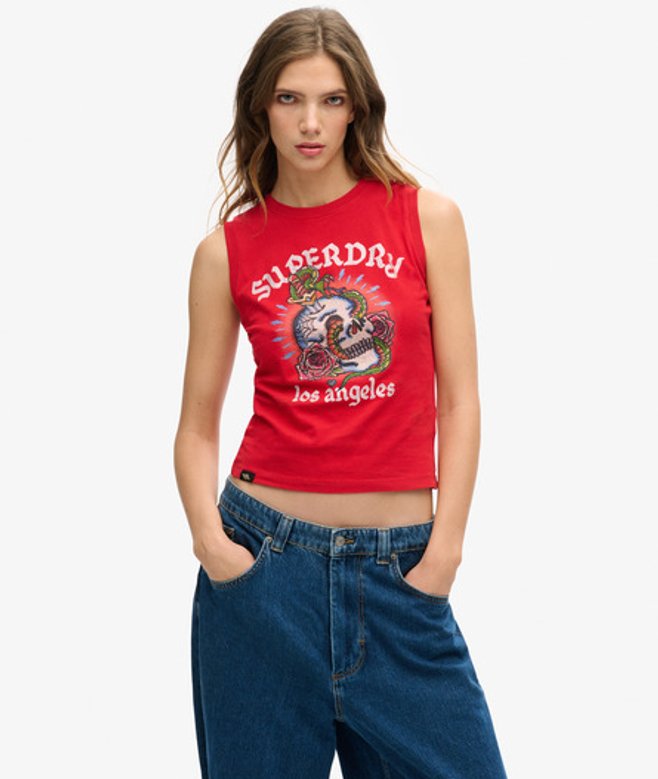 Superdry Damen Tattoo Tanktop mit Strassbesatz Rot - Größe: 38 von Superdry