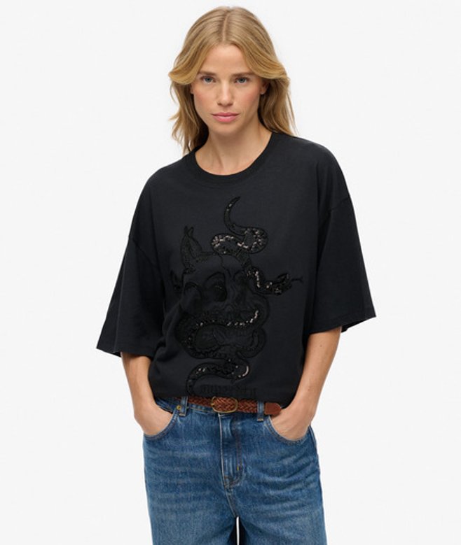 Superdry Damen Tattoo Verziertes OverGrößed T-shirt Black - Größe: 38 von Superdry
