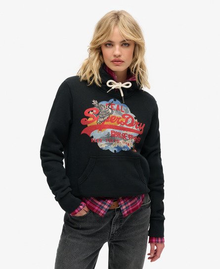 Superdry Damen Tokyo Hoodie mit Vintage-Grafiklogo Schwarz - Größe: 36 von Superdry