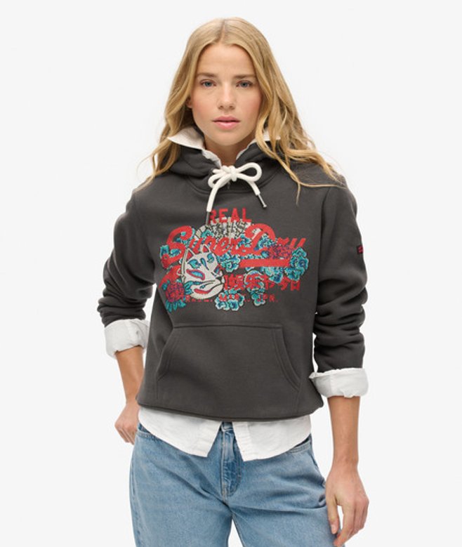 Superdry Damen Tokyo Hoodie mit Vintage-grafiklogo Schwarz - Größe: 36 von Superdry