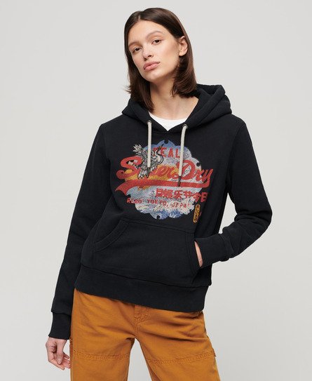 Superdry Damen Tokyo Hoodie mit Vintage-Grafiklogo Schwarz - Größe: 38 von Superdry