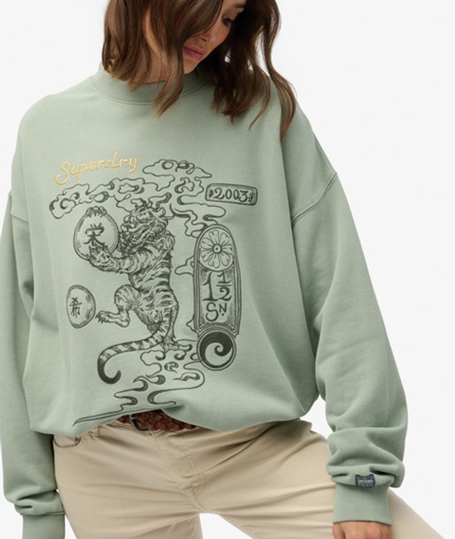 Superdry Damen Tokyo Narrative OverGrößed Sweatshirt Green - Größe: 42 von Superdry