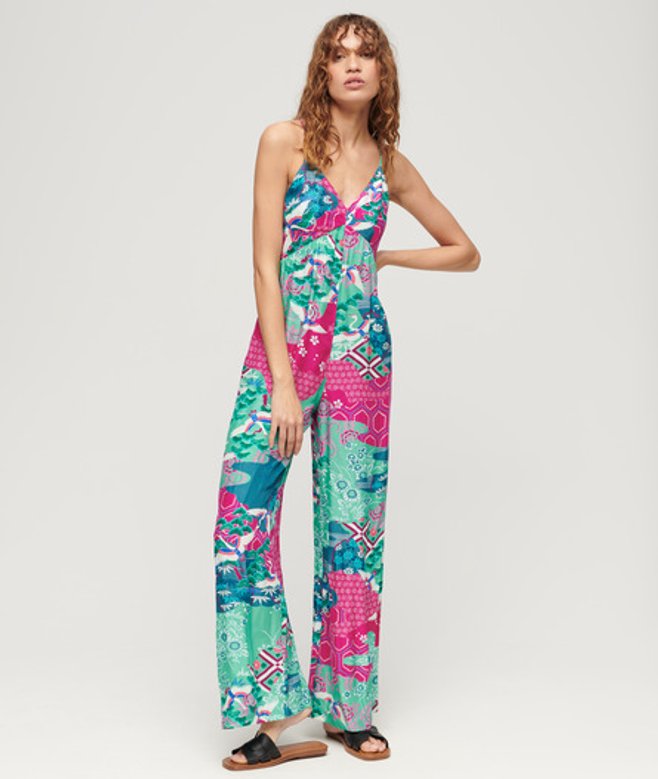 Superdry Damen Grün, Blau und Rosa Träger-Jumpsuit mit Print, Größe: 40 von Superdry
