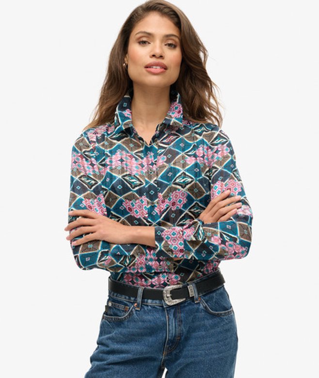 Superdry Damen Transparente Bluse mit Glitzer-print Blau - Größe: 42 von Superdry