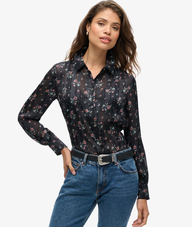 Superdry Damen Transparente Bluse mit Glitzer-print Schwarz - Größe: 40 von Superdry