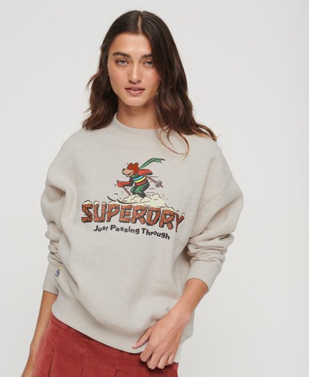 Superdry Women's Travel Postcard Sweatshirt mit Rundhalsausschnitt und Grafik Creme - Größe: 40 von Superdry