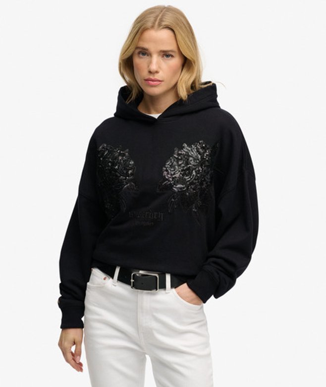 Superdry Damen Übergroßer Hoodie mit Tattoo-verzierung Black - Größe: 40 von Superdry