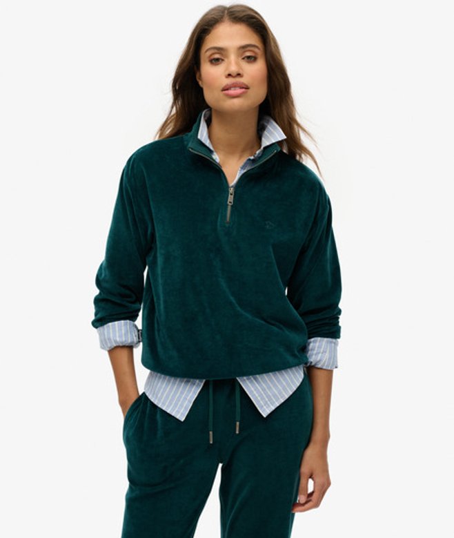 Superdry Damen Velour Sweatshirt mit Halbreißverschluss Grün - Größe: 36 von Superdry
