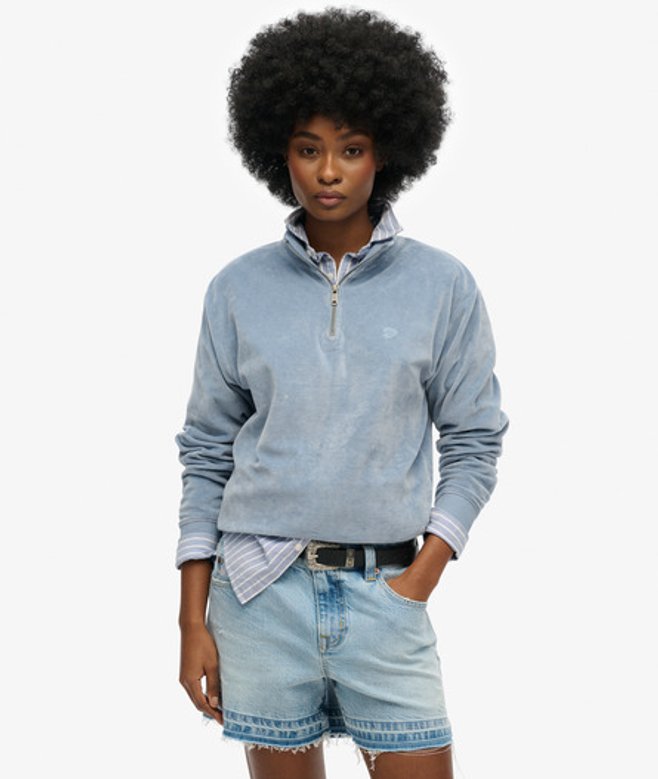 Superdry Damen Velour Sweatshirt mit Halbreißverschluss Hellblau - Größe: 42 von Superdry