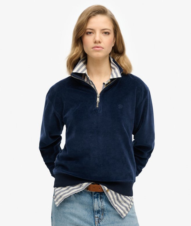 Superdry Damen Velour Sweatshirt mit Halbreißverschluss Marineblau - Größe: 36 Superdry Damen Velour Sweatshirt mit Halbreißverschluss Marineblau - Größe: 36 von Superdry