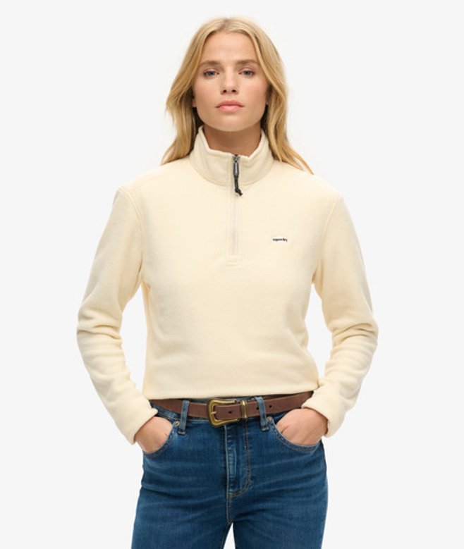 Superdry Damen Verkürzter Polar Fleecepullover mit Halblangem Reißverschluss Creme - Größe: 40 von Superdry