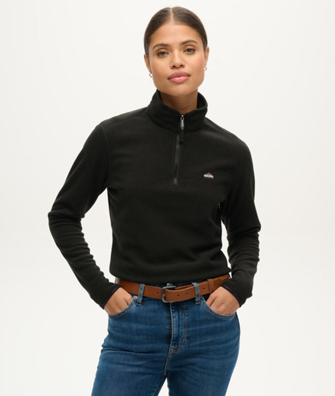 Superdry Damen Verkürzter Polar Fleecepullover mit Halblangem Reißverschluss Schwarz - Größe: 40 von Superdry