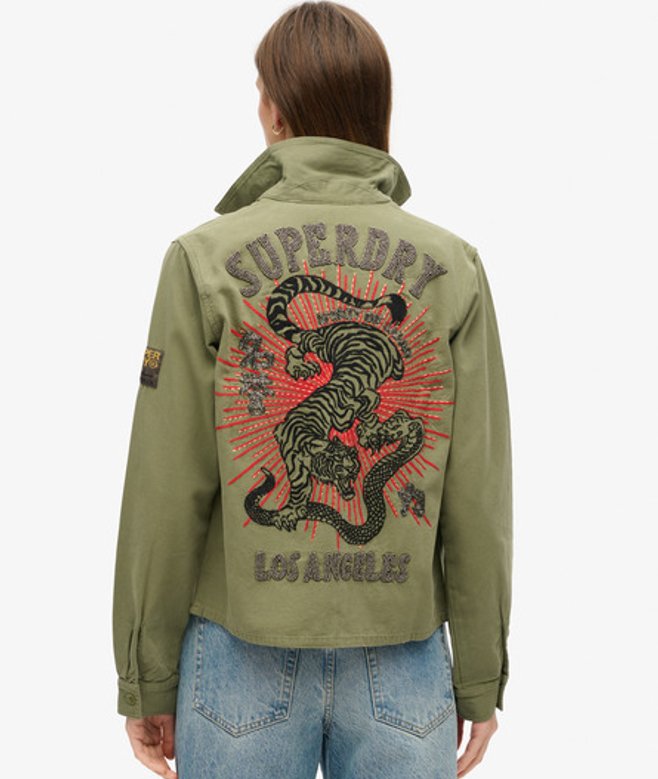 Superdry Damen Verzierte Military-jacke Grün/schwarz/rot - Größe: 38 von Superdry