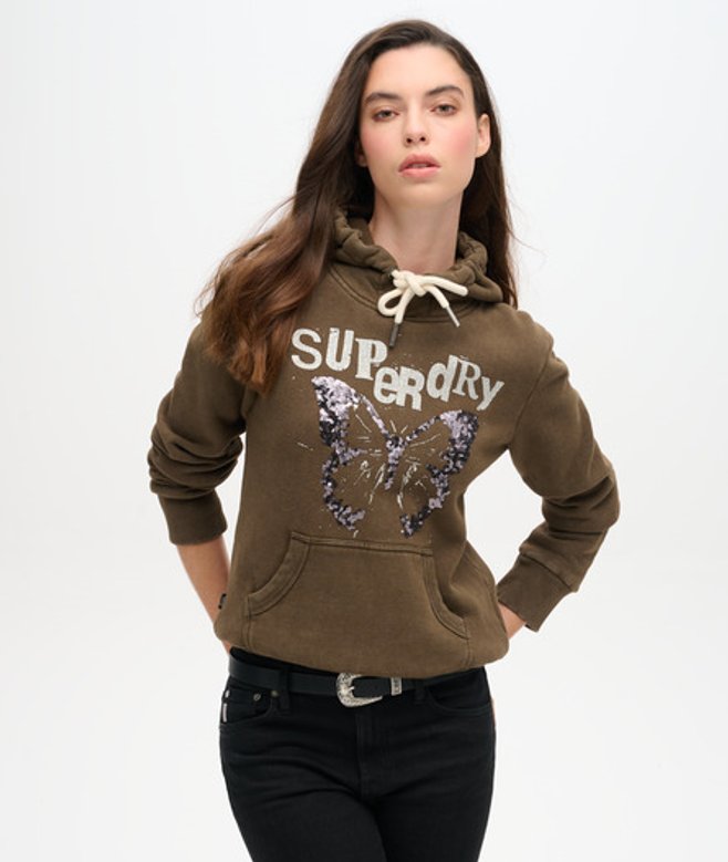 Superdry Damen Verziertes Punk Hoodie mit Grafik Kaki - Größe: 42 von Superdry