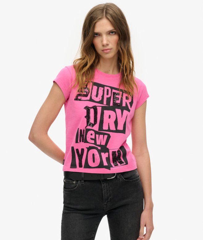 Superdry Damen Rosa und Schwarz Verziertes Punk-T-Shirt mit Flügelärmeln Grafikdruck, Größe: 40 Superdry Damen Rosa und Schwarz Verziertes Punk-T-Shirt mit Flügelärmeln Grafikdruck, Größe: 40 von Superdry