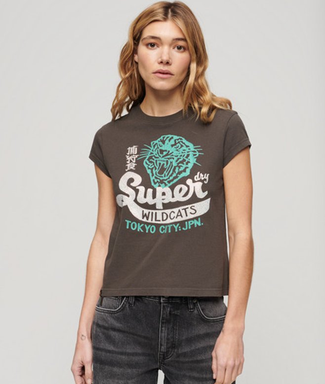 Superdry Damen Verziertes T-shirt mit Poster-print und Flügelärmeln Schwarz - Größe: 34 von Superdry