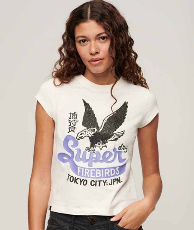 Superdry Damen Verziertes T-shirt mit Poster-print und Flügelärmeln Weiß - Größe: 36 von Superdry