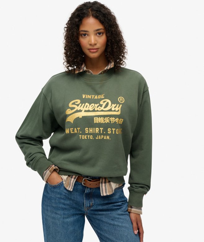 Superdry Damen Verziertes Vintage Logo Sweatshirt Grün/gelb - Größe: 36 von Superdry