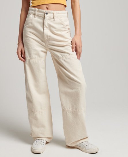 Superdry Damen Vintage Carpenter Hose aus Bio-Baumwolle mit Weitem Beinschnitt Creme - Größe: 30/32 von Superdry