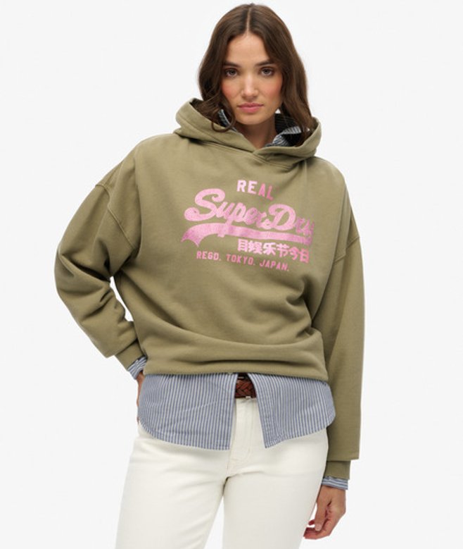 Superdry Damen Vintage Logo Strass Hoodie Green - Größe: 34 von Superdry
