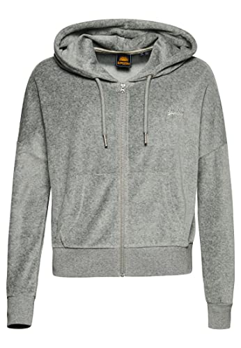 Superdry Damen Vintage Logo Velours-Kapuzenjacke aus Bio-Baumwolle Grau Meliert 34 von Superdry