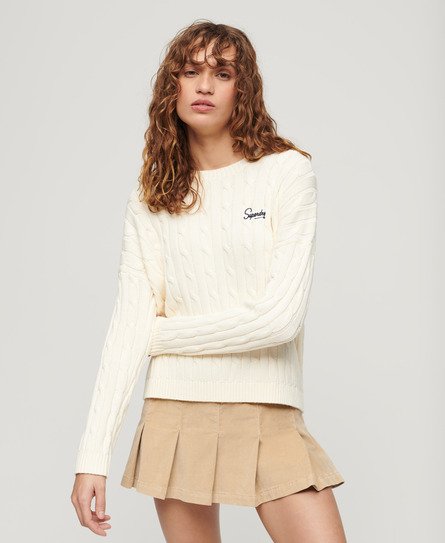 Superdry Damen Vintage-Pullover mit überschnittenen Schultern und Zopfmuster Weiß - Größe: 34 von Superdry