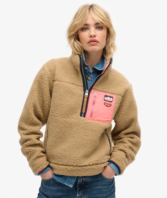 Superdry Damen Vintage Retro Fleecepullover mit Halblangem Reißverschluss Braun - Größe: 34 von Superdry