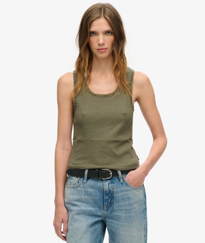 Superdry Damen Athletic Essentials Vintage Tanktop mit Spitzenbesatz Grün - Größe: M/L von Superdry