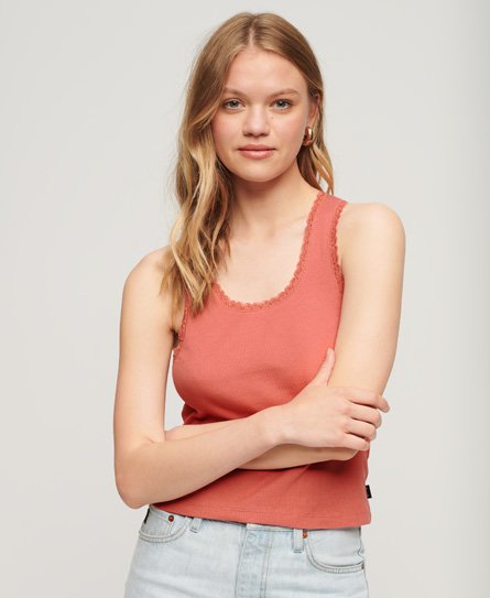 Superdry Damen Vintage Trägertop aus Bio-Baumwolle mit Spitzenbesatz Koralle - Größe: M/L von Superdry