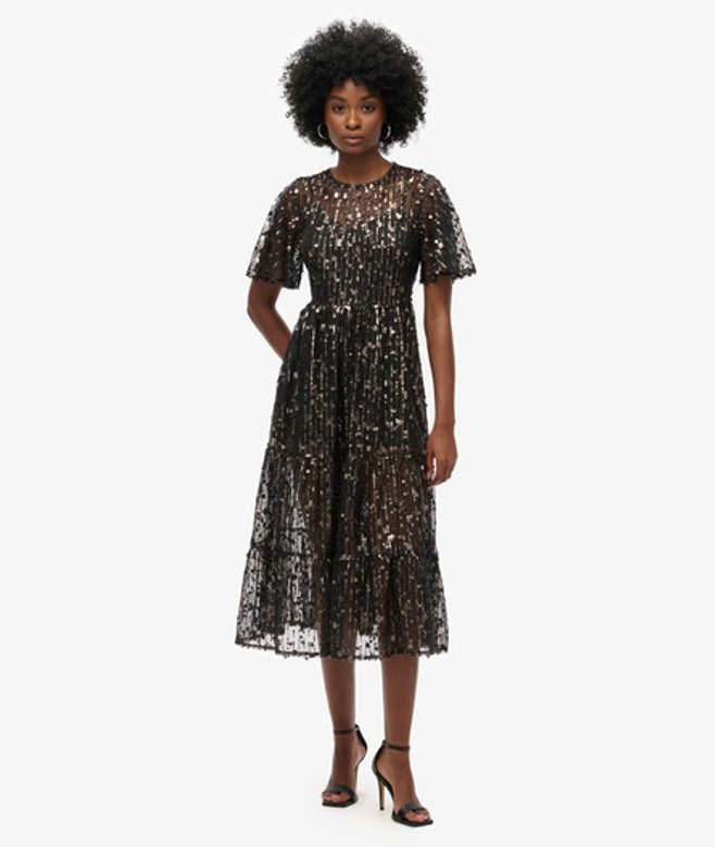 Superdry Damen Hellgrau Voluminöses, Gestuftes Midikleid aus Mesh, Größe: 36 von Superdry