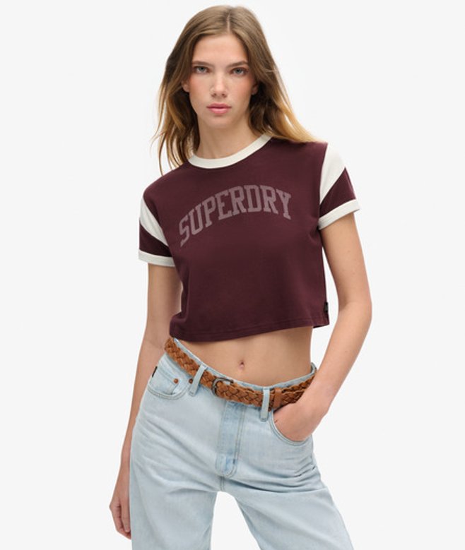 Superdry Damen Weinrot Athletic Essentials Ringer-T-Shirt mit Grafik Bedruckt, Größe: 40 von Superdry